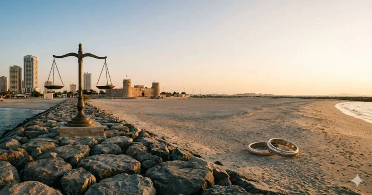 ميزان العدالة وخواتم زواج على شاطئ البحر ترمز لخدمات أفضل محامي طلاق في عجمان وقضايا الانفصال